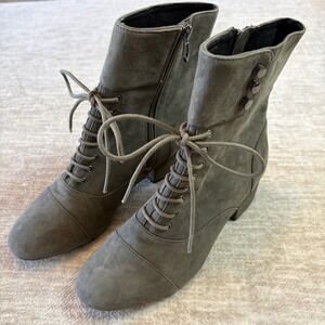 Botkier Lace Up Ankle Boots‎ Women Olive Green Suede Buttons Heeled Booties 6.5